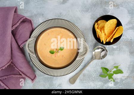 Zuppa di curry rosso tailandese piccante e cocco in una rustica ciotola di terracotta con cracker in formato orizzontale. Contorno basilico tailandese. Foto Stock