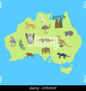 Mappa dell'Australia con simpatici animali da cartoni animati. Illustrazione vettoriale disegnata a mano per poster didattici Illustrazione Vettoriale