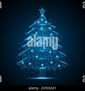 Forma geometrica futuristica vettore poligonale dell'albero di Natale in forma di cielo stellato. Composto da punti, luce, linee e poli shap basso Illustrazione Vettoriale