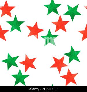 Acquerello disegno a mano senza cuciture con piccole stelle minimaliste verde rosso elementi di natale su sfondo bianco, festa festa festa inverno celebrazione, divertente astratto stampa tradizionale Foto Stock