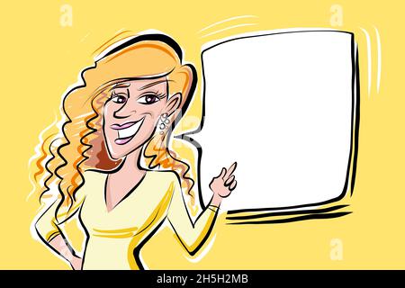 Una donna bionda dell'ufficio che punta ad un bubble vuoto di discorso o ad un pannello Foto Stock