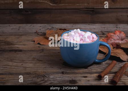 Marshmallow su cioccolato caldo in una tazza, foglie d'autunno e bastoncini di cannella su superficie di legno Foto Stock