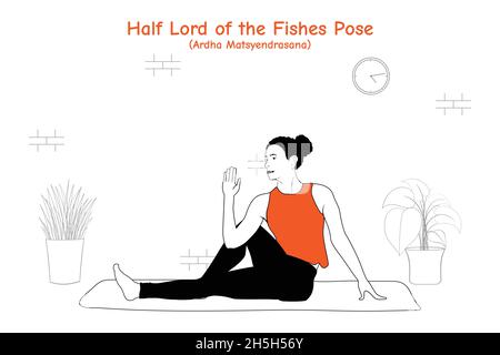 Donna che fa yoga asana metà signore dei pesci posa o ardha matsyendrasana Illustrazione Vettoriale