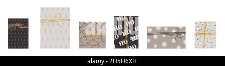 Collezione di regali di Natale per decorazioni, regali per le vacanze, abiti invernali in lana, motivo. Regali di Natale icona set isolato su sfondo bianco Illustrazione Vettoriale