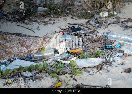Rifiuti di plastica lavati in spiaggia, Penisola di Cape York, Queensland settentrionale, Australia Foto Stock