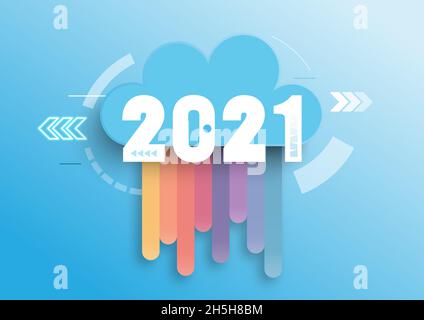 Concetto infografico 2021 anni. Trend caldi, prospettive nei servizi e nelle tecnologie di cloud computing, storage di big data, comunicazione. Illustratio vettoriale Illustrazione Vettoriale