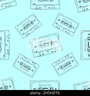 Cassetta disegnata a mano e mixtape modello senza cuciture, sfondo fumetto nero e blu per tecnologia musicale o impianto audio concept. Illustrazione Vettoriale