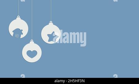 Natale e Capodanno composizione di palle pendenti con cuore, stella, casa. Design per biglietti d'auguri, striscioni, poster. Illustrazione vettoriale. Illustrazione Vettoriale