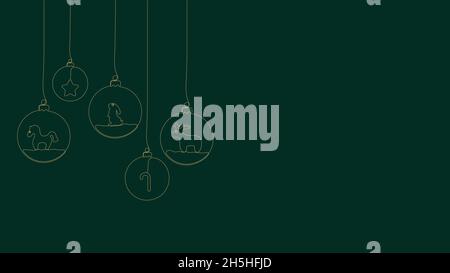 Natale e Capodanno composizione di palle appese con renna, cavallo, coniglio, toro, canna da zucchero, stella. Disegno continuo su una linea. Illustrazione Vettoriale