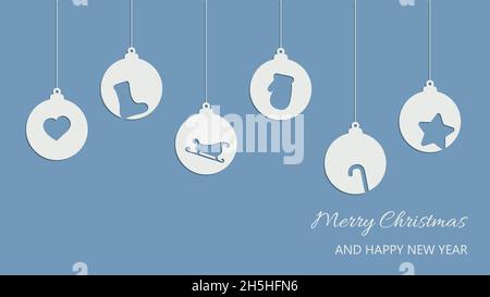 Natale e Capodanno composizione di palle pendenti con slitta, canna di caramelle, cuore, mitten, calzino, stella. Design per biglietti d'auguri, striscioni, poster. Illustrazione Vettoriale