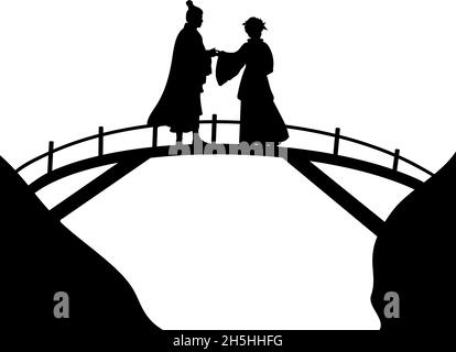 Silhouette amanti coppia asiatica sul ponte. Festa San Valentino. Illustrazione Vettoriale