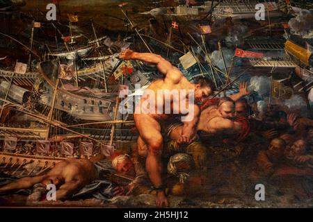 Pittura di battaglia con navi, pittura nella Sala dello Scrutinio, interni, Palazzo Ducale, Venezia, Veneto, Italia Foto Stock