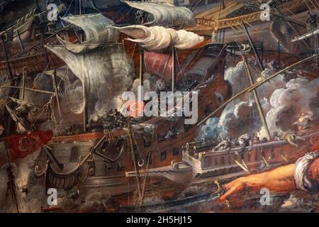 Pittura di battaglia con navi, pittura nella Sala dello Scrutinio, interni, Palazzo Ducale, Venezia, Veneto, Italia Foto Stock