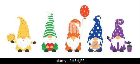 Una collezione di gnomi di Natale isolati su sfondo bianco. Vettore Illustrazione Vettoriale