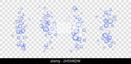 Acqua effervescente o ossigeno, bolle d'aria blu illustrazione vettoriale 3d realistica. Movimento di sott'acqua, fizzing su sfondo trasparente. Elementi di design per bevande gassate o gassate. Movimento aqua dinamico Illustrazione Vettoriale