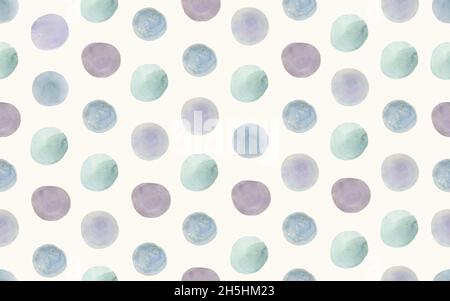 Sfondo blu della palla disegnata a mano. Design circolare elegante senza cuciture. Disegno di Stains astratto. Carta da parati con punti decorativi verdi Polka. Palla rosa acquerello Foto Stock