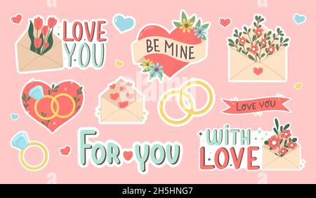 Set di adesivi San Valentino. Collezione di simboli d'amore ed elementi romantici. Estratto a mano 14 febbraio isolato bundle. Vettore cartoon piatto Illustrazione Vettoriale