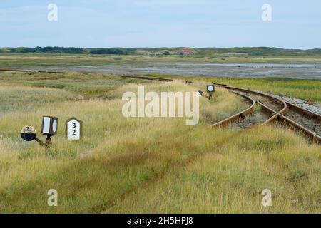 Interruttore a mano e binario della ferrovia insulare, Wangerooge, Isola della Frisia orientale, Frisia orientale, bassa Sassonia, Germania Foto Stock