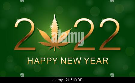 Oro foglia Marijuana e 2022 anni su sfondo verde. Illustrazione vettoriale Natale e Felice Anno Nuovo. Illustrazione Vettoriale