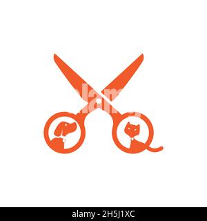 illustrazione vettoriale. logo creato dalla combinazione di animali domestici, gatti e cani con logo del salone delle forbici. Illustrazione Vettoriale