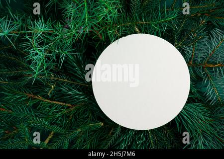 Sfondo verde di Natale. Rami di pino, aghi e alberi di Natale. Vista dall'alto. Cornice rotonda con la posizione per il testo. Sfondo natura di Natale. Concetto di umore di dicembre. Spazio di copia. Foto Stock