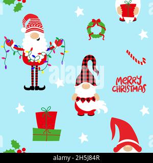 Simpatico modello di natale con Gnomes, regali e fiocchi di neve - adorabili personaggi di Natale. Set di noodle disegnate a mano per bambini. Adatto per tessuti, vivai, wallpap Illustrazione Vettoriale