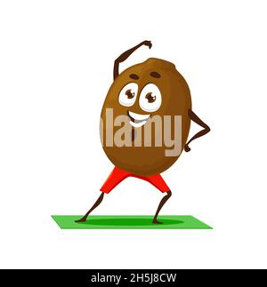 Kiwi personaggio cartoon che fa allenamenti sportivi isolata estate frutta mascotte. Emoticon Vector bacche su fitness pilates yoga mat, tropicale esotico cibo, ki Illustrazione Vettoriale