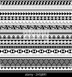 Set di motivi vettoriali senza cuciture geometriche tribali polinesiani, collezione hawaiana di design tradizionale ispirata all'arte del tatuaggio Maori Illustrazione Vettoriale