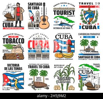 Cuba attrazioni turistiche, havana vacanza tour icone set. Cristoforo Colombo caravel, uccelli tropicali e animali oceanici, architettura cubana A. Illustrazione Vettoriale