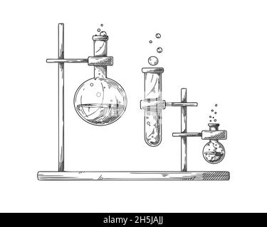 Disegno di oggetti di un laboratorio chimico. Vetreria per un esperimento chimico. Matracci, becher e provette per farmaci vettoriali. Discovery e c Illustrazione Vettoriale