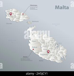 Mappa di Malta, divisione amministrativa con nomi, carta bianca blu 3D vettoriale Illustrazione Vettoriale