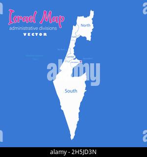 Israele mappa, divisioni amministrative con nomi regioni, sfondo blu vettore Illustrazione Vettoriale