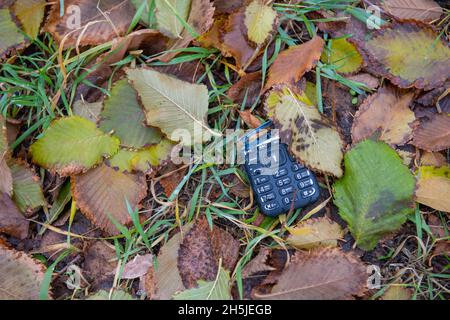 c'è un telefono rotto in un mucchio di fogliame Foto Stock