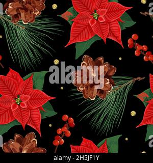 Modello natalizio senza cuciture con Poinsettia di fiori rossi, bacche, confetti dorati, cono di pino e rami. Illustrazione Vettoriale
