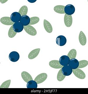 Mirtilli blu con foglie verdi senza cuciture. Sfondo con bacche e fogli di bosco. Modello Berry per carta da parati, tessuto, imballaggio e pr Illustrazione Vettoriale