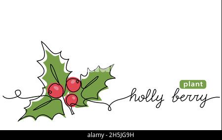 Holly bacca vettore disegno a mano, illustrazione a colori per Natale. Una linea continua disegno artistico, sfondo con scritta acino Illustrazione Vettoriale