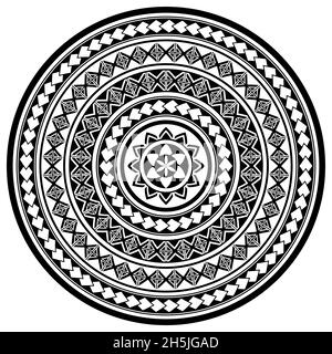 Disegno vettoriale tatuaggio mandala tribale delle Hawaii, arte popolare Poylnesiana in bianco e nero Illustrazione Vettoriale