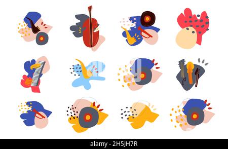 musica jazz band strumenti doodles design isolato su sfondo bianco. Cartoon composizioni prefabbricate per la promozione su poster, schede, pagine web Illustrazione Vettoriale