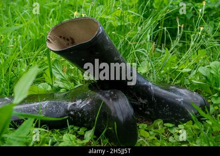 Un paio di stivali in gomma nera nel gras verde Foto Stock