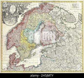 Homann carta della Scandinavia, Norvegia, Svezia, Danimarca, Finlandia e Paesi Baltici - Geographicus - Scandinavia 1730 Foto Stock