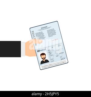 Passaporto in mano. Concetto di viaggio mondiale. Illustrazione vettoriale in stile piatto Foto Stock