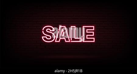 Vendita al neon pubblicità vettoriale in forma di lampada a LED concetto di sconto su parete scura. Il testo glossing retro light offre un'illustrazione grafica. Foto Stock