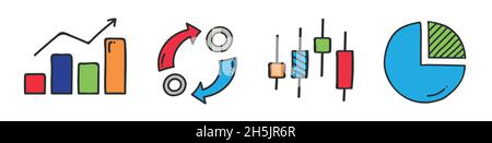 Collezione di icone del mercato azionario su sfondo bianco Illustrazione Vettoriale
