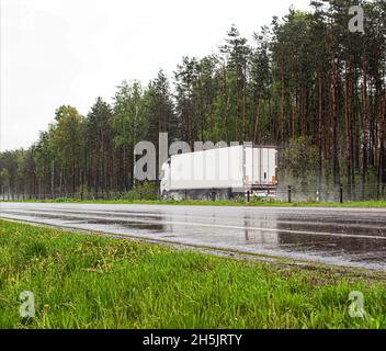 Un camion bianco con un frigorifero semirimorchio guida su una strada bagnata sotto la pioggia sullo sfondo di una foresta. Trasporto merci deperibili co Foto Stock