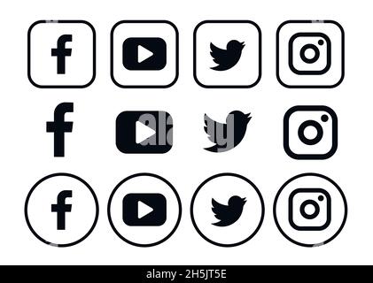 Popolare raccolta di logo per i social media: Facebook, TikTok, instagram, youtube, linkedin, pinterest, periscopio, vimeo. Illustrazione Vettoriale