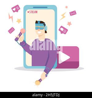 Giovane uomo adulto che riproduce il casco vr, guarda lo streaming live sullo smartphone, l'illustrazione in stile piatto, isolato su sfondo bianco. Illustrazione Vettoriale