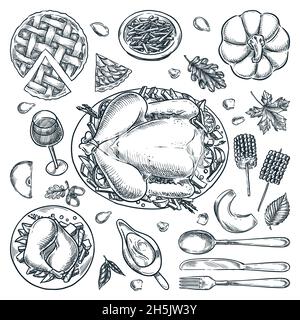 Thanksgiving piatti vacanza vettore vista dall'alto illustrazione. Elementi di progettazione del menu di schizzo disegnati a mano, isolati su sfondo bianco. Tradizionale fatto in casa Illustrazione Vettoriale