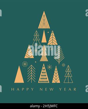 Semplice sfondo di alberi di Natale, stile geometrico minimalista. Felice anno nuovo banner. Albero di Natale, fiocchi di neve, elementi decorativi. Concetto retro-pulito Illustrazione Vettoriale