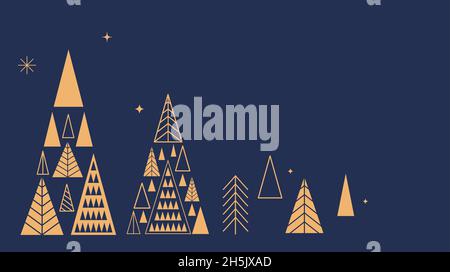 Semplice sfondo natalizio, elegante stile geometrico minimalista. Felice anno nuovo banner. Fiocchi di neve, decorazioni ed elementi di alberi di Natale. Pulizia retrò Illustrazione Vettoriale