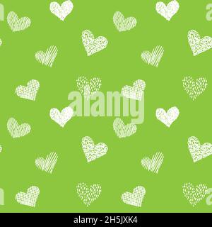 Modello senza cuciture con cuori disegnati a mano in stile doodle. Colori verde e bianco. San Valentino amore giorno e matrimonio texture sfondo. Bella stampa Illustrazione Vettoriale
